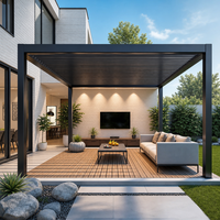 Garten-Aluminium-Pergola mit Schiebetür aus Glas, Motorisiertem Wasserdichtem Lamellendach, Bioklimatischer Outdoor-Pavillon, Pulverbeschichtet