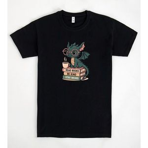 T-shirt Dragons And Books, nera, unisex, taglia media per adulti, con grafica di un simpatico drago che legge i libri - Product Image 1