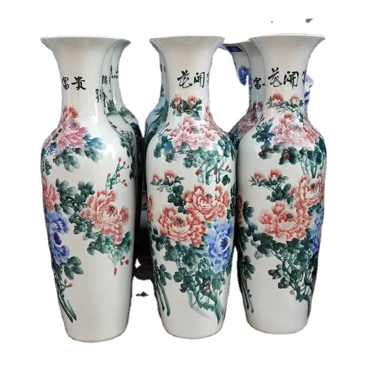 Çin geleneksel seramik çiçek vazo büyük ölçekli birçok desen uzun boylu mavi ve beyaz porselen saksı