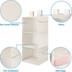 3-Shelf Hanging Closet Organizer Beige Foldable Non-Woven Fabric Clothing <b>Storage</b> For Bedroom Camper Nursery Hook Type - Product Image 5