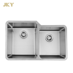 Robinet d'évier de comptoir dessiné à double cuvette en acier inoxydable 6040 à deux trous brossé de qualité commerciale - Product Image 1