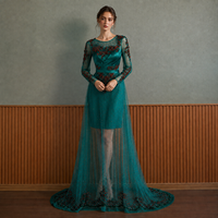 Gaun Ibu Pengantin Wanita Warna Hijau Teal Lengan Panjang Berhias Manik-Manik Ilusi Gaun Malam Formal Ukuran Besar Grosir Kustom