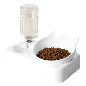 Fuente de agua automática antideslizante, soporte elevado para gatos, cuencos de agua y comida