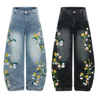 Jeans pour hommes, hiver et automne, vintage, broderie florale, lavage à la chaux, lavage au sable, taille mi-haute, coupe bootcut, ample, large