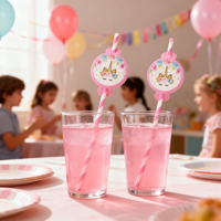 Décoration de fête d'anniversaire sur le thème de la licorne, pailles en papier et en plastique