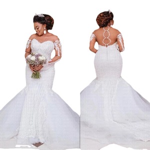 Women's XL Wedding Plus African <b>Bridal</b> Gown Sheer Neck Lace-up Back Major Beading Sequins Pearls Floor-Length Embroidered - Product Image 5