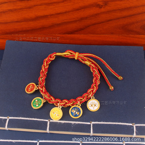 Bracelet Dingtong de style tibétain, cinq divinités de la richesse, nœud de fleur de pêcher, corde rouge style couple, fait main - Product Image 4
