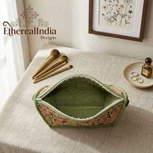 Bolsa de Cosméticos Acolchada con Estampado Floral, Organizador de Maquillaje de Algodón, Bolsa de Viaje - Product Image 1