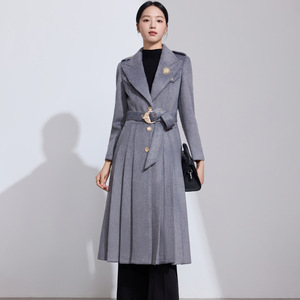 Womens Mid Length Wool Coat Over The Knee Solid Color Slim Fit Warm With Belt - Product Image 4