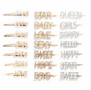 New arrival Best quality Fashion gold silver girls hairpins Crystal rhinestone letter word Women bobby pins hair clips