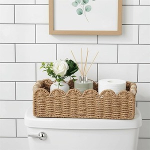 Panier de rangement en jonc de mer tressé avec couvercle festonné, bac de rangement ouvert pour salle de bain, comptoir de cuisine, décoration intérieure - Product Image 1