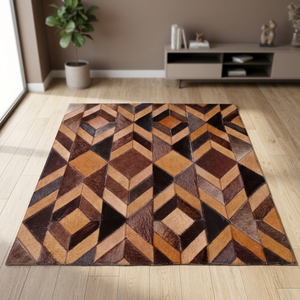 Cowhide Leather Bohemian Style Handmade Area <b>Rug</b> Patchwork Design Flat Pile Non-Slip Backing Brown Color <b>Large</b> for <b>Bedroom</b> - Product Image 2