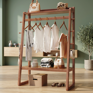 Perchero moderno de madera maciza con 6 ganchos y 1 estante, mueble de almacenamiento multiusos independiente para dormitorio y sala de estar - Product Image 4
