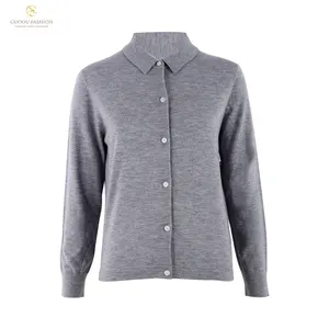 Nuevo gris básico 100% suéter de lana merino botón Polo cuello tejido suéter de mujer