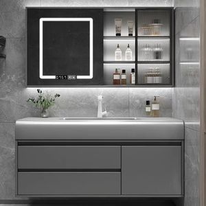 Meuble de salle de bain avec lavabo intégré et miroir intelligent, résistant à l'eau et aux taches, personnalisable en design. - Product Image 1