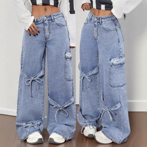 <span class=keywords><strong>Jeans</strong></span> <span class=keywords><strong>Cargo</strong></span> da <span class=keywords><strong>Donna</strong></span> in Denim Effetto Vissuto, <span class=keywords><strong>Pantaloni</strong></span> Multi-tasca a Gamba Larga Lunghezza Caviglia, Disponibili all'Ingrosso - Product Image 2
