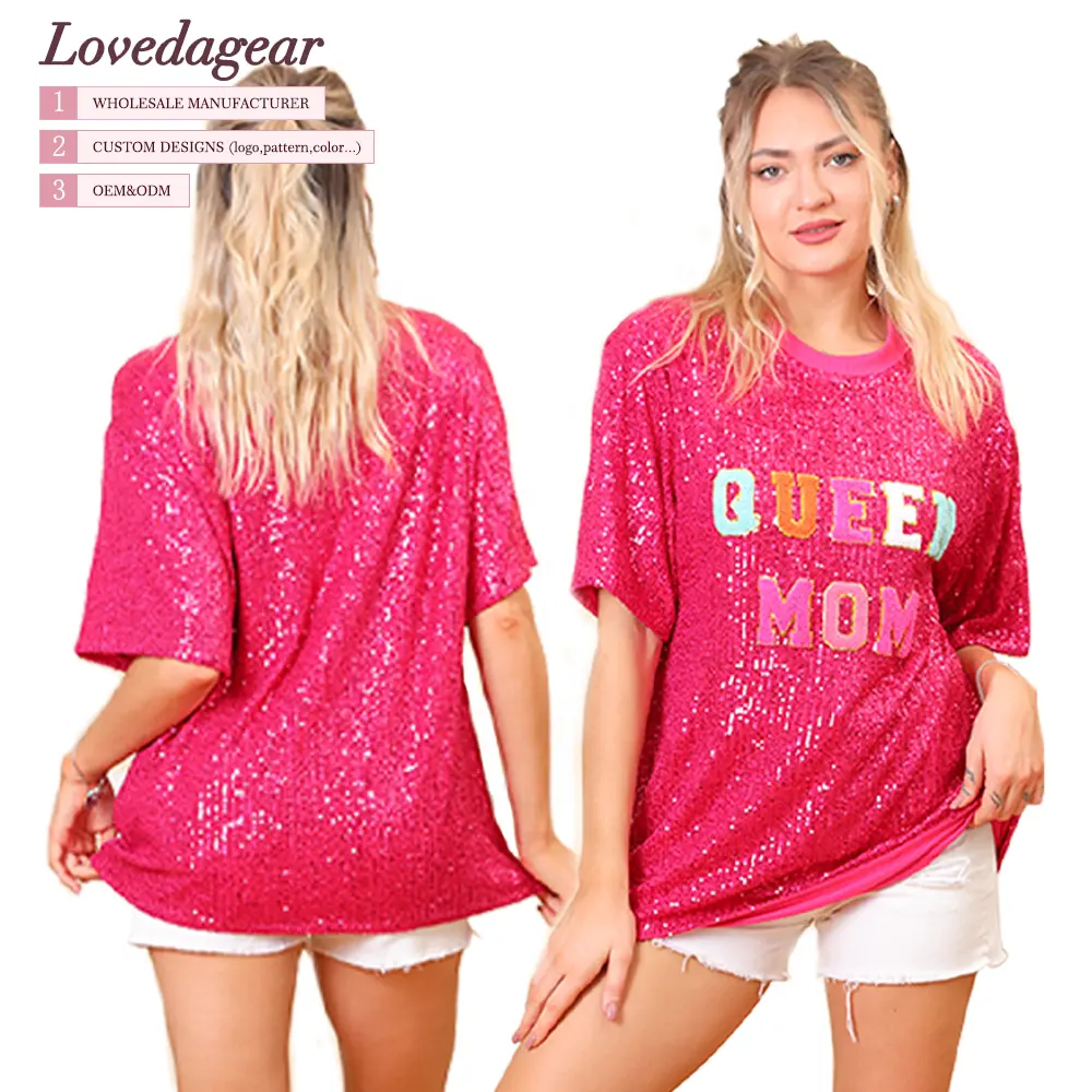 Groothandel Zomer Roze Pailletten Borduurwerk Dames Tops Blouses T-Shirt Met Ronde Hals T-Shirt Voor Vrouwen