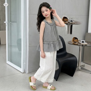 Ropa de Verano para Niñas Grandes, Camisa sin Mangas a Cuadros, Chaleco, Pantalones <span class=keywords><strong>Capri</strong></span> de Pierna Ancha con Encaje para Niñas Mayores - Product Image 3