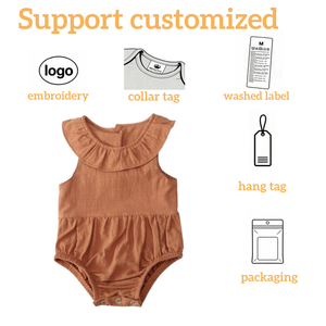 Combinaison bébé sans manches avec col à volants en coton et lin mélangé, couleur unie, fermeture à boutons-pression, barboteuse personnalisée pour bébé - Product Image 2