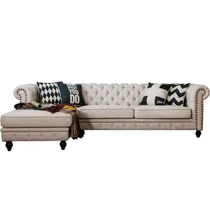 Мягкий L-образный классический угловой диван Chesterfield в американском стиле с стеганными пуговицами и шезлонг