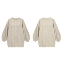 Robe pull élégante à col rond en maille torsadée, manches raglan, style tunique, couleur avoine, avec manches ballon épaisses pour femme