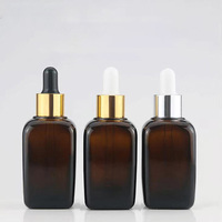Flacon carré ambré vide de 30 ml (1 oz) pour emballage cosmétique, huile essentielle, teinture pour les yeux, sérum pour le visage avec compte-gouttes doré