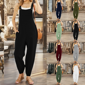 Combinaison décontractée en coton et lin pour femme avec poches ajustées à la taille, pantalon skinny boutonné, couleur unie, respirante - Product Image 2