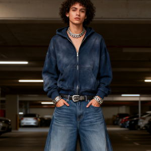 TKAN463 Sweat à capuche oversize pour homme avec impression de logo personnalisé, lavage à l'acide, fermeture éclair, style vintage streetwear, hiver, plaid, coton, polaire, fermeture éclair - Product Image 1