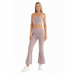 Conjunto de suéter tejido para mujer Tc257 1, top corto sin tirantes y pantalones hasta el tobillo, ajustados, casuales, de color sólido, transpirables, de algodón y spandex. - Product Image 1