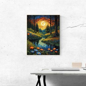 Songwoo <strong>Shiny</strong> Round Drills DIY Handprinted Canvas Colorful Wildflower Forest Creek Swirl Sunset <strong>Diamond</strong> <strong>Painting</strong> - Product Image 4