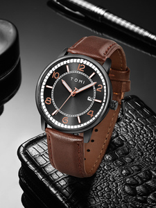 Montre analogique classique TOMI pour homme, mouvement à quartz, boîtier en acier inoxydable, cadran bleu, bracelet en cuir marron - Product Image 5