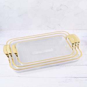 Serving <b>Tray</b> <b>Plastic</b> Striped Gold Handle Fruit Tea Coffee Table Storage <b>Tray</b> Household Use - Product Image 2
