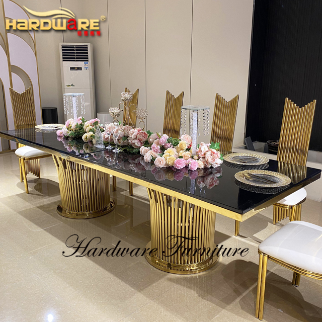 Металлический прямоугольный стеклянный обеденный свадебный стол из нержавеющей стали с золотой основой Bloom