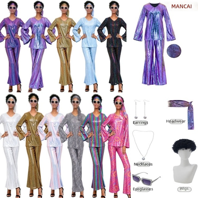 Women's Vintage 70s European American Disco Costume Retro Hippie Shiny Outfit Halloween Party Carnival Stage Performance Cosplay