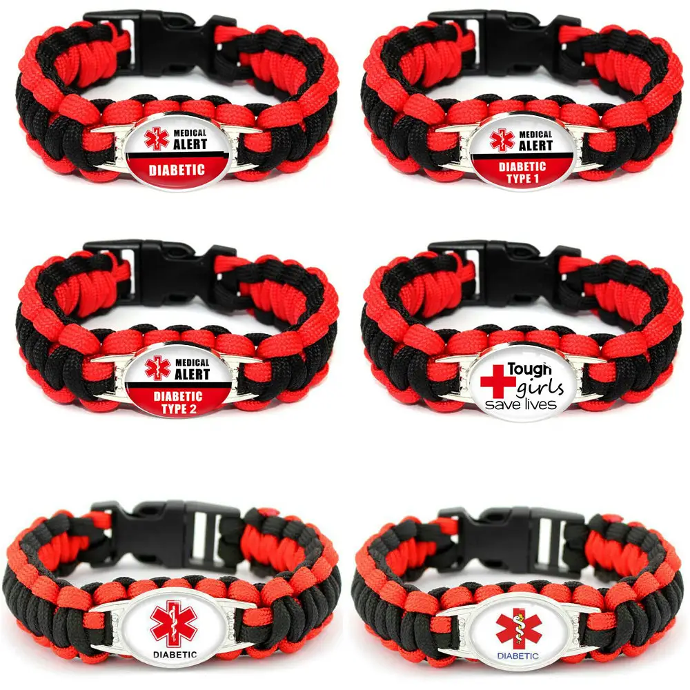 Braccialetto Paracord di consapevolezza diabetica personalizzato all'ingrosso di avviso mediale intrecciato a mano