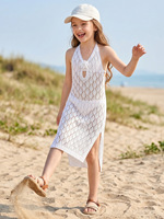 Groothandel meisjes zomer strand midi jurk geweven uitgeholde halter tie bikini cover-up kinder vakantiejurk met bloemen