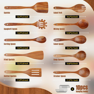 Juego de Utensilios de Cocina de Madera de Teca Duraderos de Alta Calidad, Personalizables por el Fabricante, Juego de 10 Piezas con Ganchos - Product Image 2