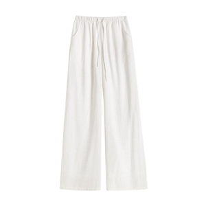 <span class=keywords><strong>Pantaloni</strong></span> Larghi a Vita Alta in Poliestere-Lino-Viscosa <span class=keywords><strong>Blu</strong></span> Navy, Leggeri e Comodi per l'Estate, con Drappeggio Rilassato - Product Image 2