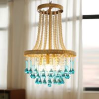 Lustre vintage en cristal doré à perles, avec gouttes turquoise, lampe suspendue de luxe pour salon, décoration d'hôtel