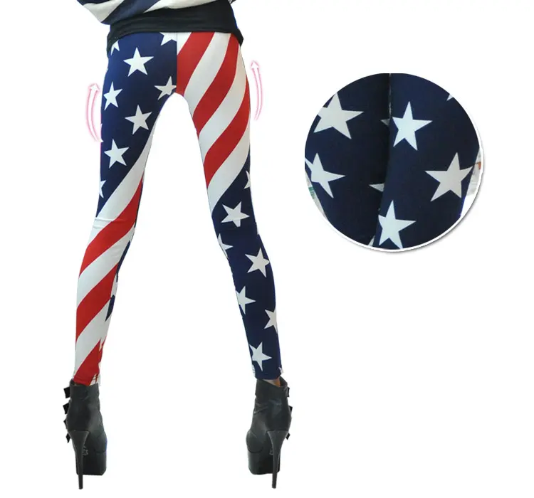 M 중간 빨간색 흰색 파란색 발목 부드러운 브러쉬 미국 미국 국기 레깅스