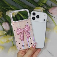 Coque de téléphone laser 3D à pois avec nœud en strass scintillant pour iPhone X 11 14 15 16 17 18 Samsung Redmi OPPO VIVO – Commande en gros