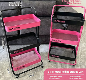 Chariot utilitaire moderne robuste à 3 niveaux en maille, avec roulettes pivotantes à 360°, rose Kpop et noir, chariot de rangement polyvalent, le plus vendu - Product Image 3