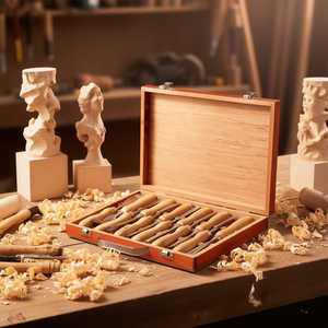 Ensemble de 12 ciseaux à bois, longueur de lame 3-3/4 pouces, outils de sculpture manuelle, avec coffret de rangement en bois pour la sculpture sur racine et la sculpture de meubles - Product Image 2