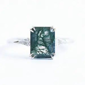 Newest sterling silver white gold diamond engagement emerald cut natural green moss agate ring 925