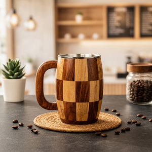 Taza de Madera con Diseño a Cuadros, Accesorio Clásico de Bar, Reutilizable, con Asa, Estilo Cafetería, Coleccionable, Ecológica, Personalizable - Product Image 1