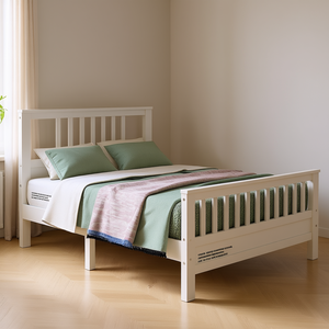 Lit plateforme moderne en bois blanc avec tête et pied de lit en bois massif, design scandinave, taille double - Product Image 2