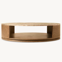 Table basse ronde moderne de luxe avec plateau en pierre et base en bois massif, élégante table centrale circulaire pour le salon