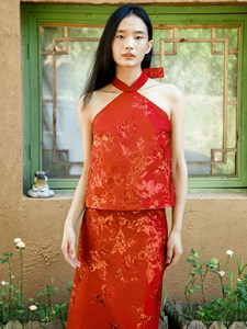 Nuovo Set da Spiaggia in Stile Cinese con Top Halter Antistatico in Jacquard Rosso Vino e Gonna <span class=keywords><strong>Vintage</strong></span> Ricamata per Brindisi della <span class=keywords><strong>Sposa</strong></span> - Product Image 5