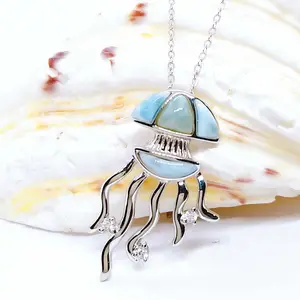 Genuine Unique Hawaiian Genuine Larimar Jewelry Jellyfish Pendant Necklace Sterling Silver Larimar Jellyfish Pendant