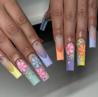 Uñas postizas de ataúd con diseño floral arcoíris pastel mate, estilo francés con diamantes de imitación, al por mayor para salones de belleza.